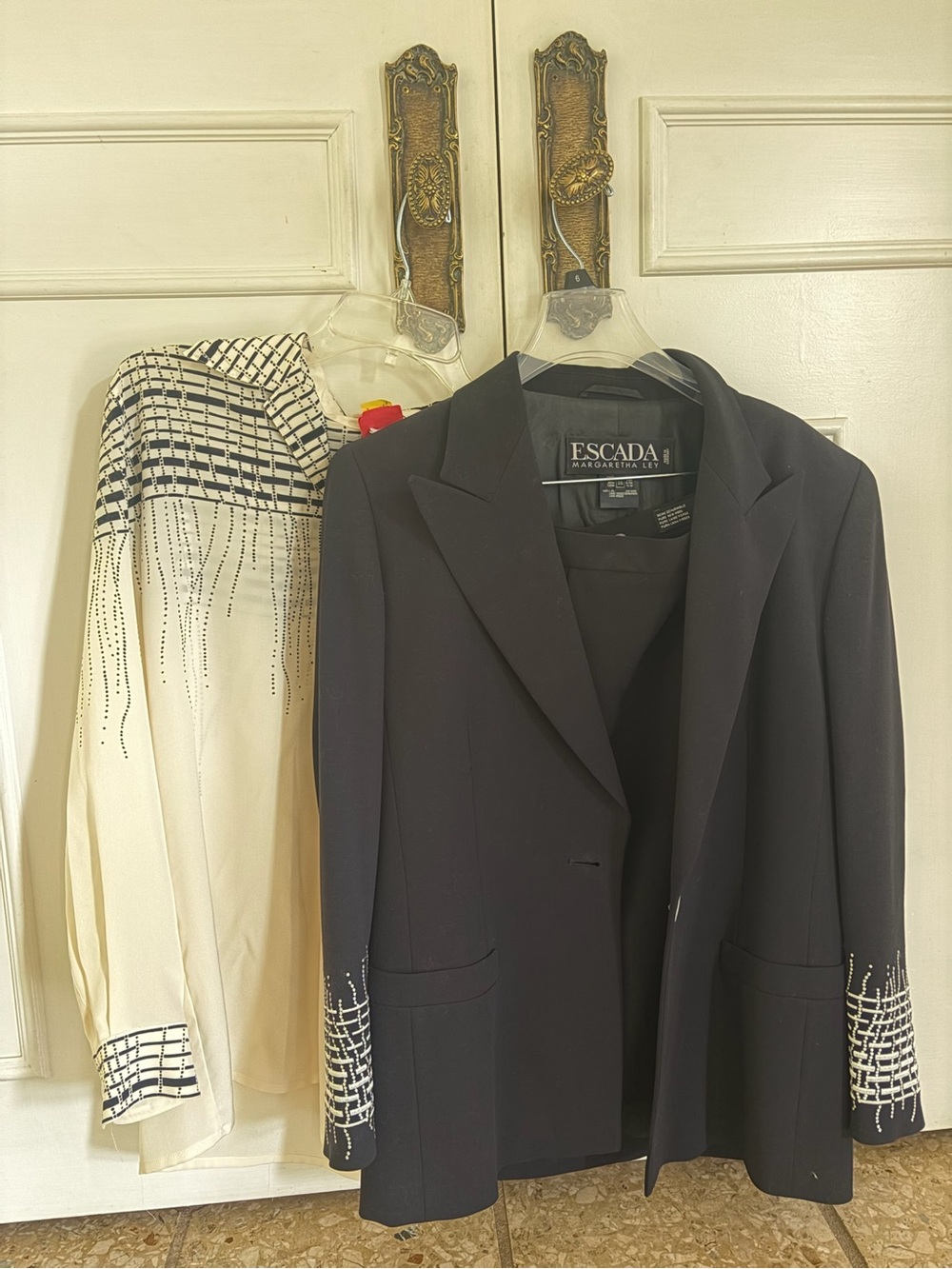 Escada Wool Skirt Suit with Silk Blouse Black with Embellished Cuffs